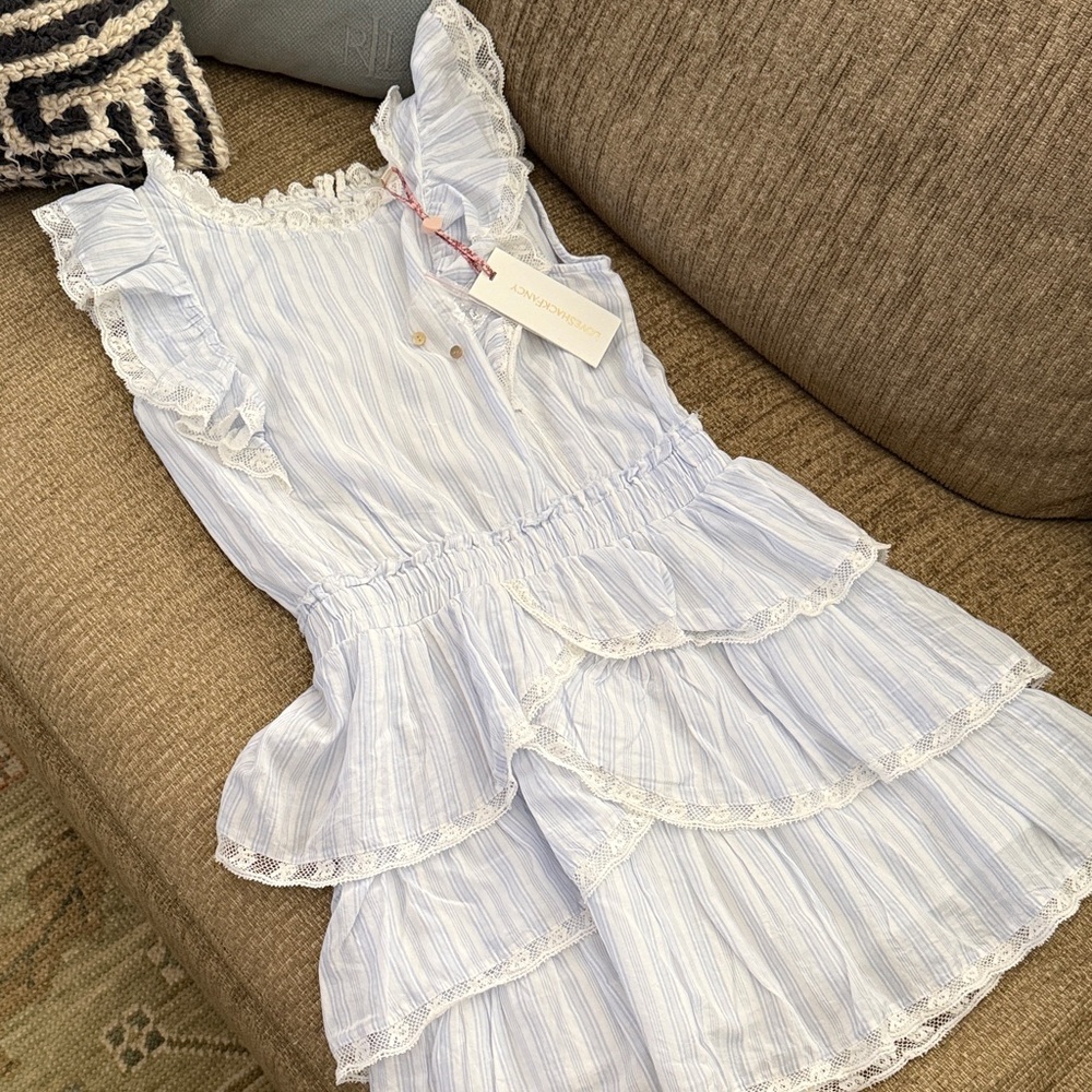 LoveShackFancy Blue Striped Girls Dress with Ruffle Details NWT sz 12Y